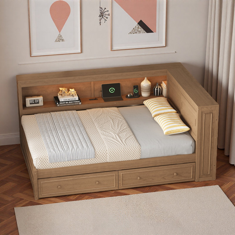 Lit de jour multiple avec tablettes de rangement, USB, DEL et 2 tiroirs, Bois antique