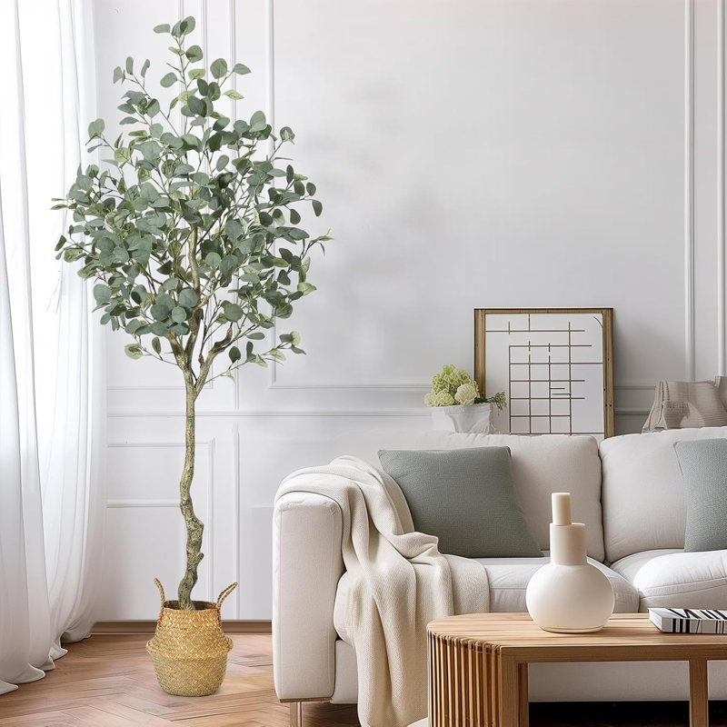 Arbre d'eucalyptus artificiel - Fausse feuille d'argent en pot de paille pour la maison et le bureau, Jaune