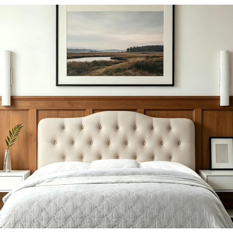 Tête de lit à hauteur réglable de 34 à 43 po, revêtement en lin capitonné avec structure en bois massif - conception moderne à boutons pour toute chambre à coucher