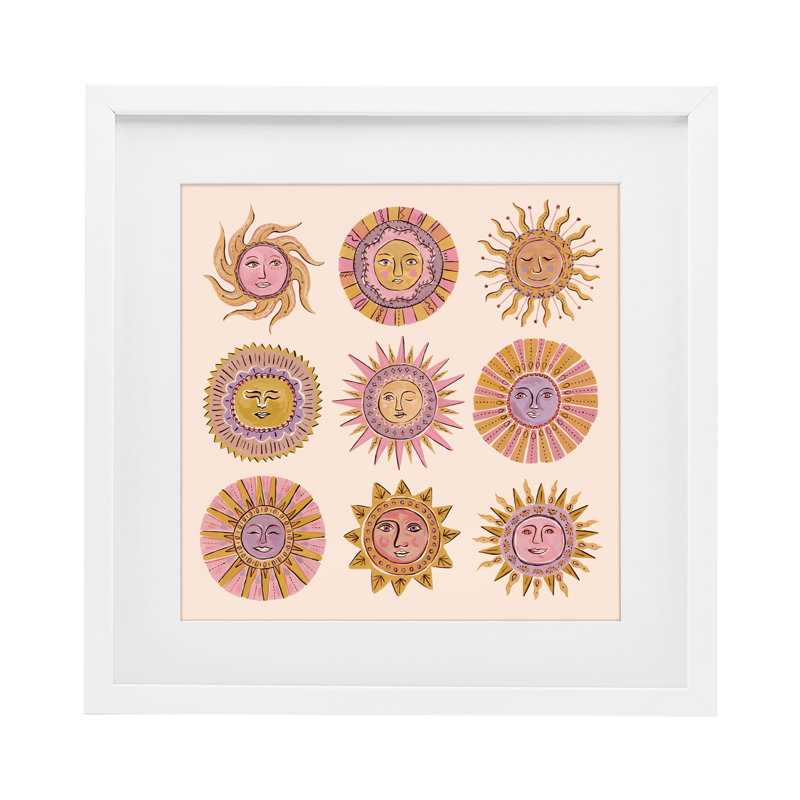 Boho Solar faces, reproduction encadrée sous verre, design par Two If By Sea Studios, H 13 po x l 13 po, Cadre blanc côtier