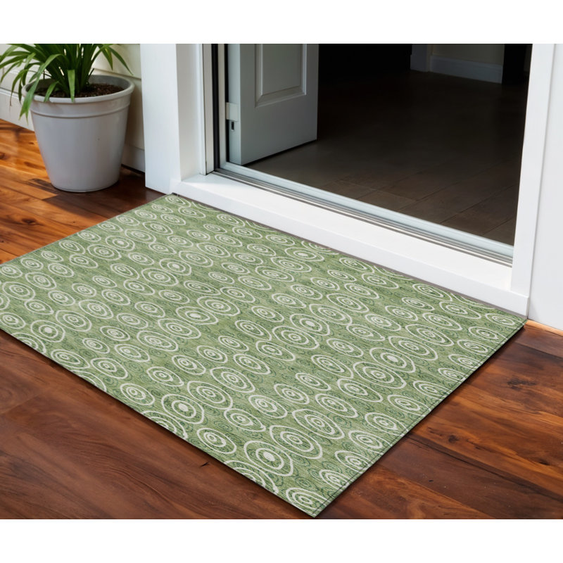 Tapis extérieur lavable à motif géométrique vert et ivoire 3 pi x 5 pi