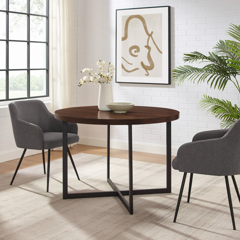 Randisha Round Metal Base Dining Table, Dark Walnut