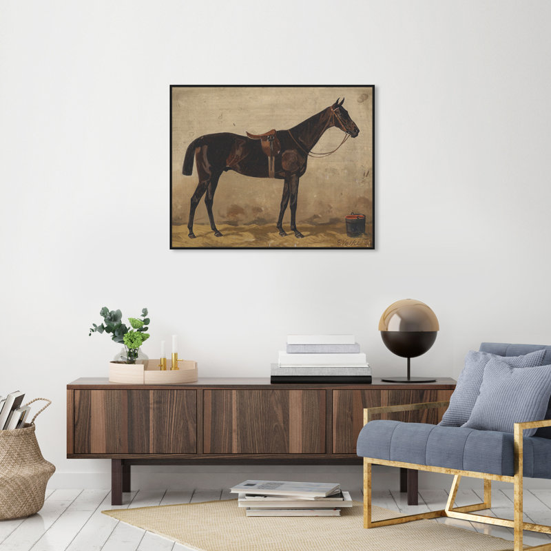 Brauner Im Stall Farm Animals by Emil Volkers - on Canvas, 30" H x 36" W, Black Framed Canvas