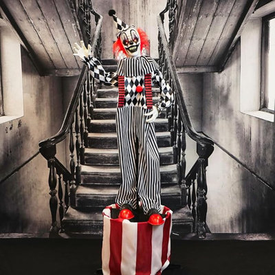 Haunted Hill Farm 6-Ft Talking Clown on Stage Halloween Animatronic with Light-Up Eyes, Black & White Harlequin Costume, Motion & Sound, Battery Operated, Indoor/Covered Outdoor Decor