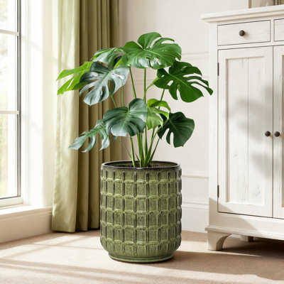 Green Ceramic Plant Pot, 14" Tall Round Weave-Pattern Planter