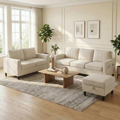 Ensemble de 3 pièces en L en lin: canapé 3 places, causeuse avec repose-pieds et poches latérales, beige