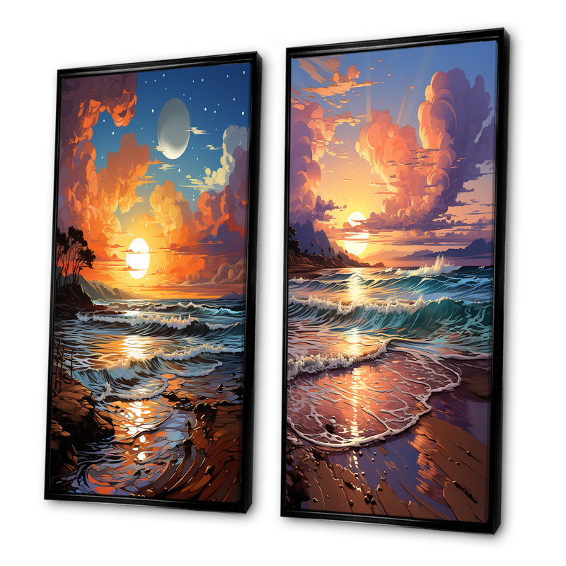 Beachside Sunset Horizon I - Coastal Beach, ensemble de 2 reproductions sur toile, Cadre noir, H 28 po x l 25 po