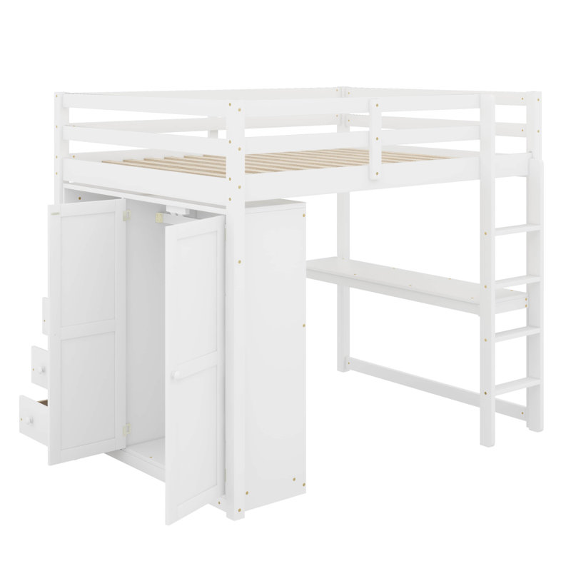 Lit mezzanine en bois pleine grandeur avec garde-robe intégrée, bureau, tiroirs et tablettes de rangement, Blanc