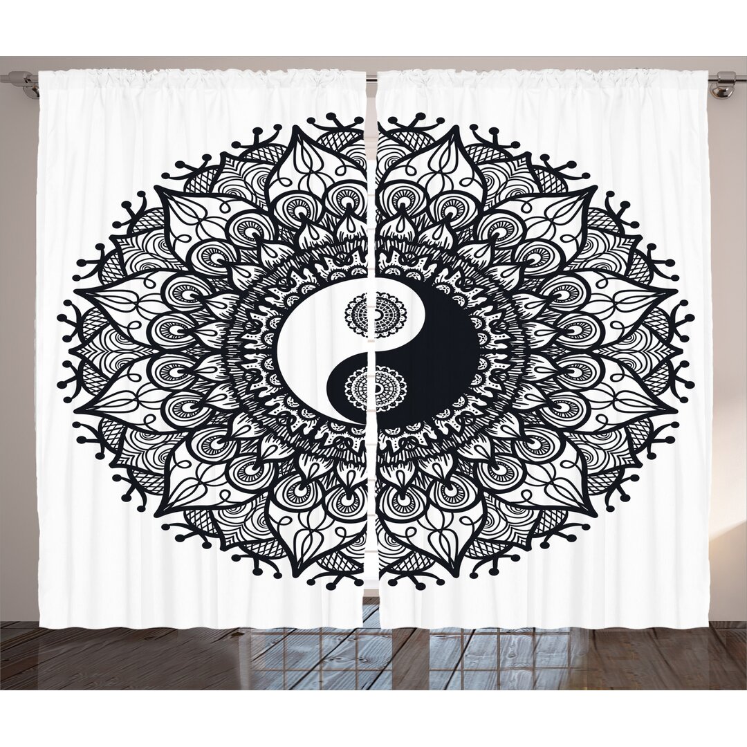 Rustikaler Vorhang, Bohemian Mendi Kunst, Ying Yang, Charcoal Grau Weiß