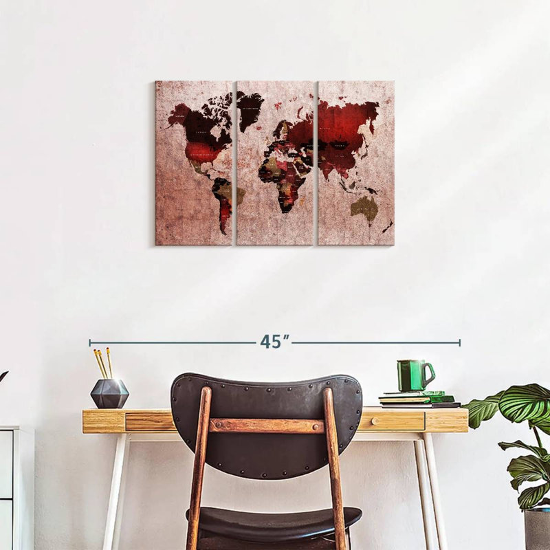 " Ruby World Map " 3 - Pieces, 20" H x 33" W x 1.25" D