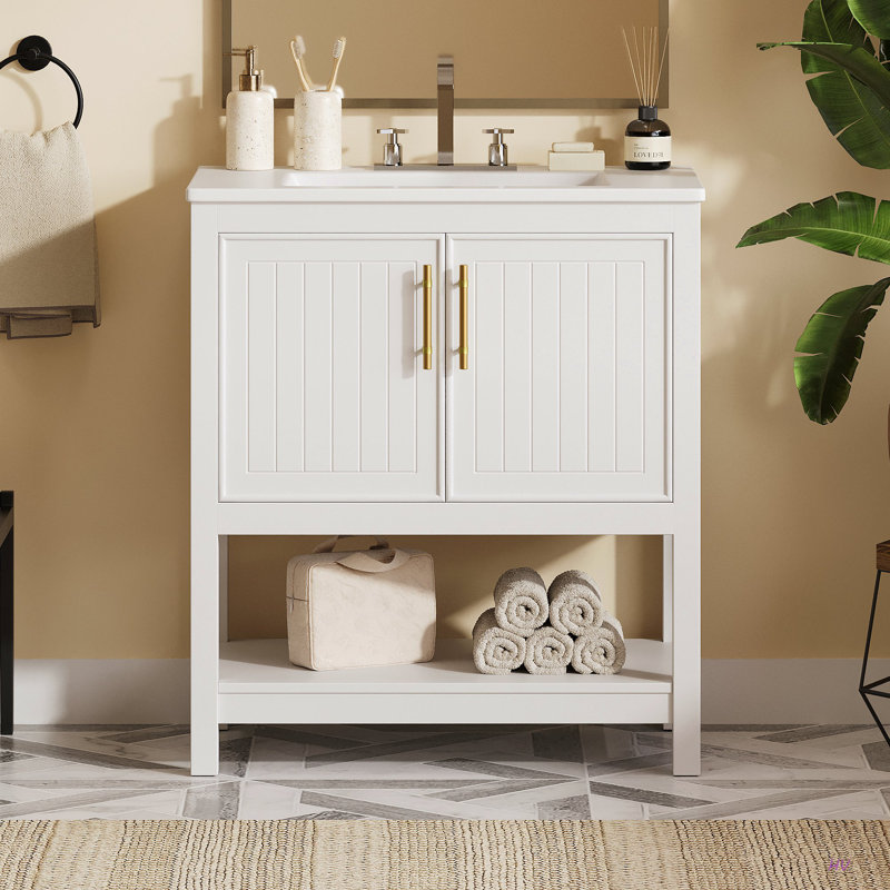 Meuble-lavabo de 30 pouces avec lavabo en céramique et rangement polyvalent - idéal pour les petites salles de bain, Blanc