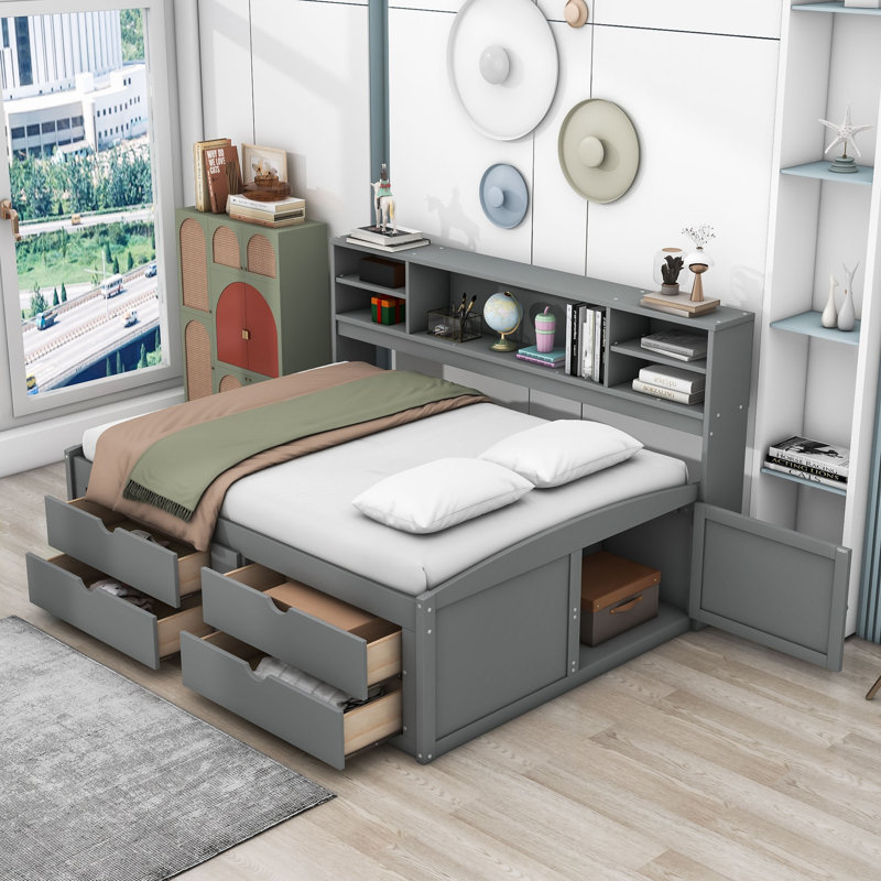 Lit de jour double / en bois double avec tiroirs et tablettes, Gris