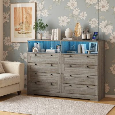 Solid Wood 8-Drawer Dresser with LED Lights & Power Outlet, Deep Storage, TV Stand for Up to 55" — Bedroom, Living Room, Hallway