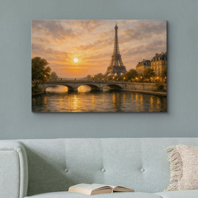 Canvas Print Wall Art Paris Eiffel Tower Sunset Over The Seine River Cityscape Photography Realism Chic Landscape Colorful Multicolor For Living Room, Bedroom, Office - 16"X24"