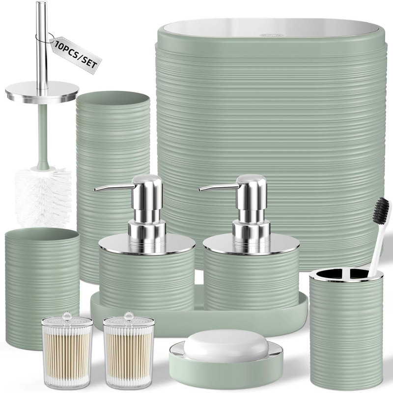 Ensemble 10 pièces d'accessoires de salle de bain texturé vert sauge, ensemble complet de salle de bain avec poubelle et distributeurs de savon