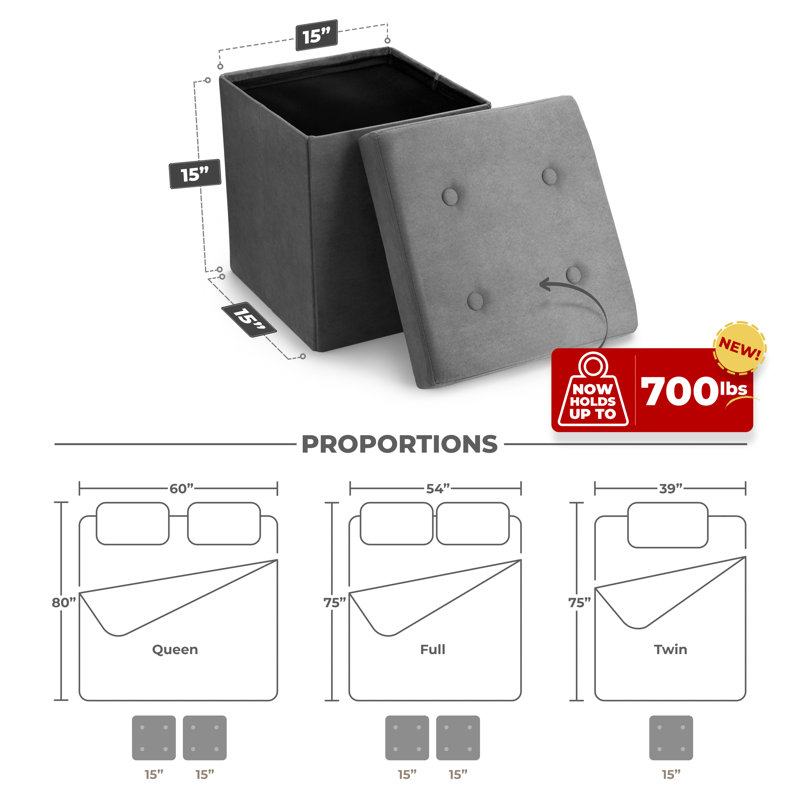 Cube / repose-pieds pliable / pliable avec couvercle à boutons Oralle Sorbus - 15 pouces, gris, Velours gris