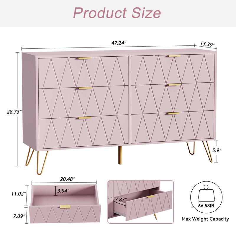 Marable 47.24'' W 6 - Drawer Dresser, Pink