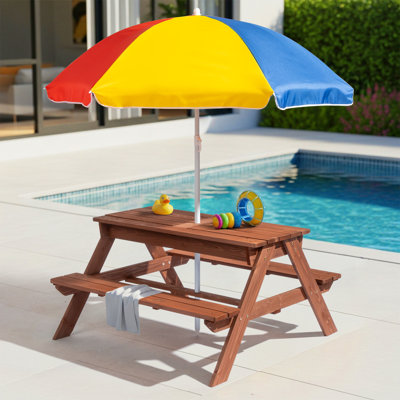 3-In-1 Kids Wood Rectangle Outdoor Picnic Table And Bench With Umbrella And Play Boxes by Ophelia & Co.