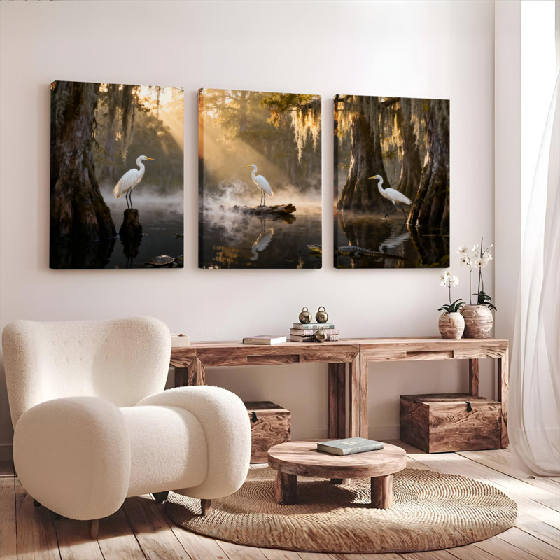 Ensemble de 3 tableaux sur toile tendue représentant un héron dans un marais brumeux, H 30 po x l 60 po