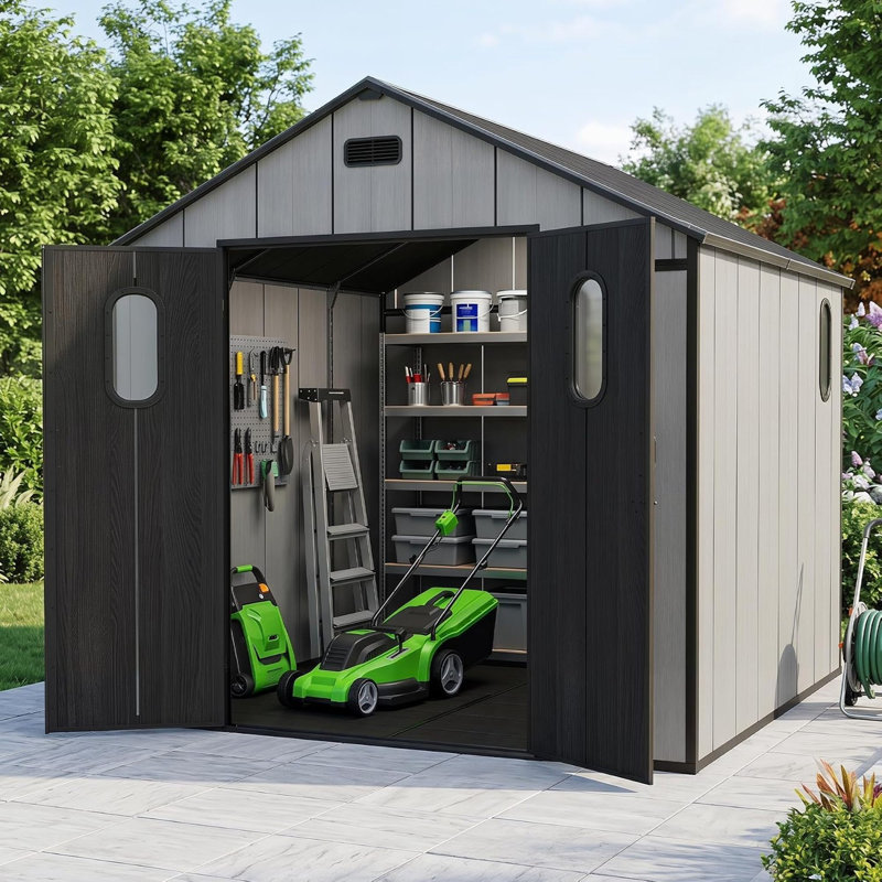 Abri de jardin spacieux avec rangement, remise de jardin moderne en résine et acier 8x8, 92.52*92.86*94.72
