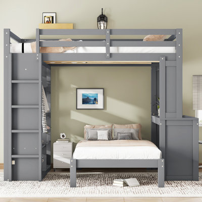 Loft Bunk Bed with Desk, Solid Wood Frame, Built-in Shelves & Wardrobe, Removable Lower Bed, by Latitude Run