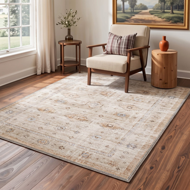 Tapis oriental traditionnel beige/brun à poils courts, lavable et antidérapant, Rectangle de 10 pi x 14 pi