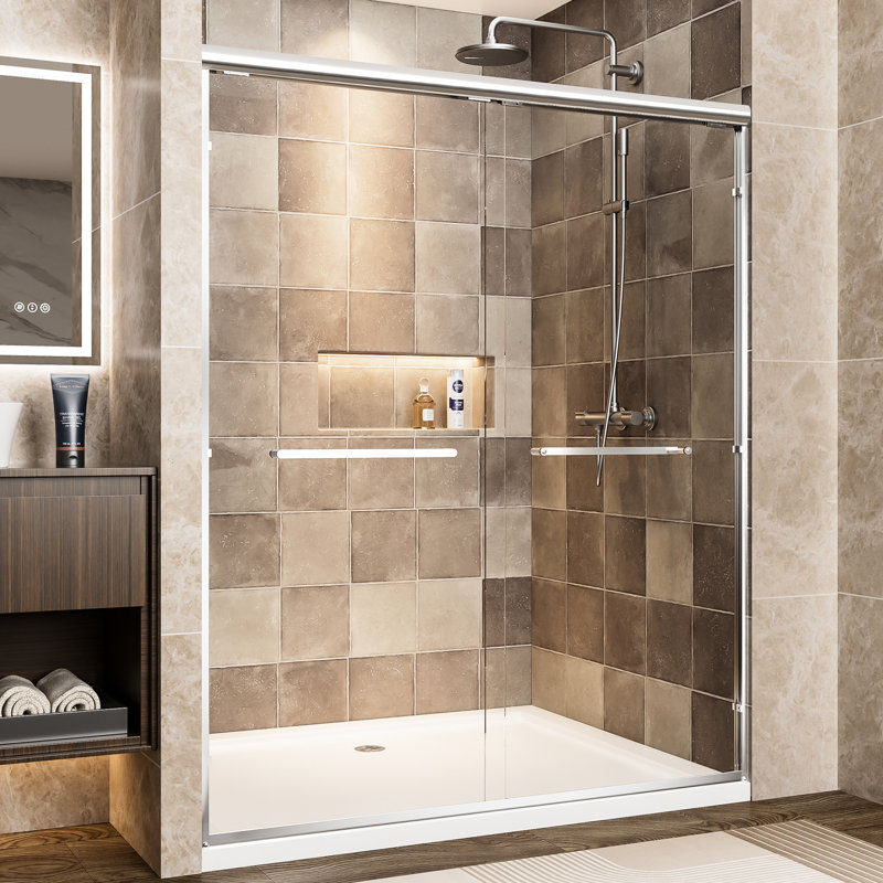Aluminum Frame Double Sliding Shower Door, 60" Width, 72" Height, 1/4" (6mm) Tempered Glass With - Proof Film, Easy To Install And Waterproof For Bathroom Tall Door 6mm Clear Shatter Corrosion Frame,