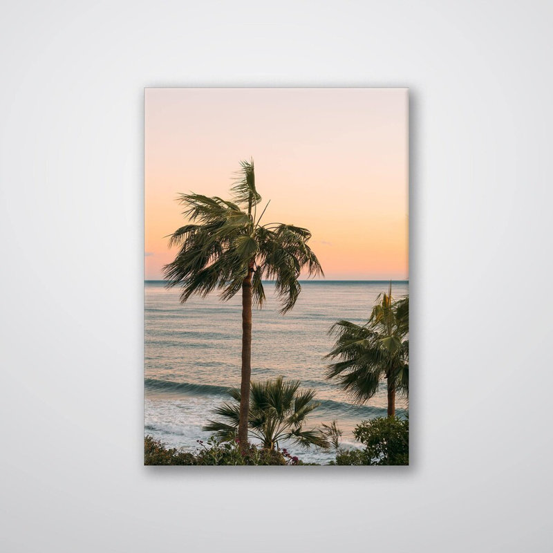 Impression de palmiers océan - impression de paysage de plage tropicale - affiche sur toile vue de palmier océan - coucher de soleil sur la côte