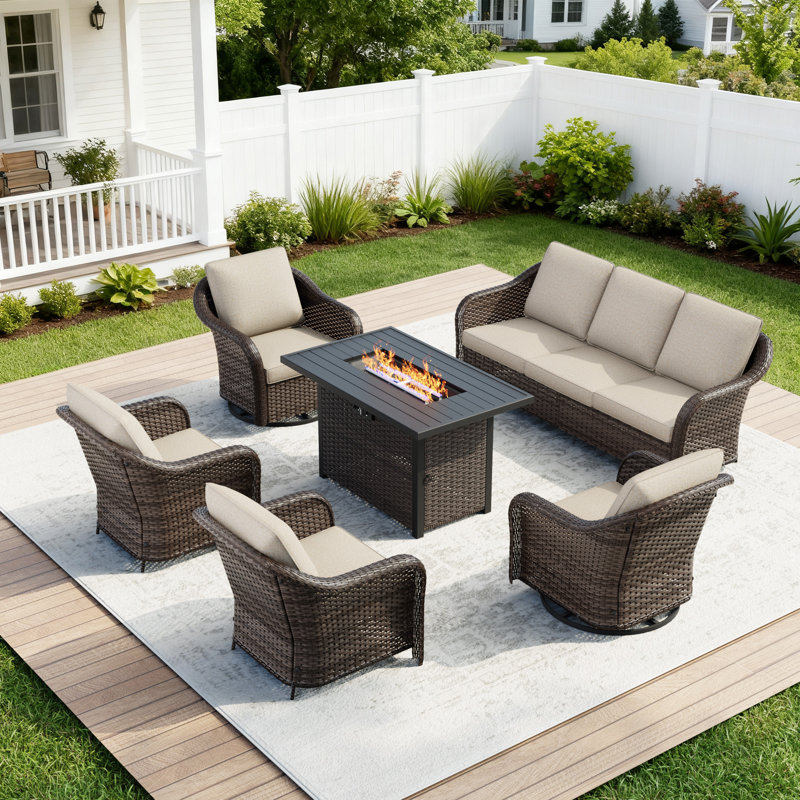 7-Person Outdoor Patio Conversation Rattan Seating Group With 2-In-1 Propane Fire Pit Table and Beige Cushions, Beige