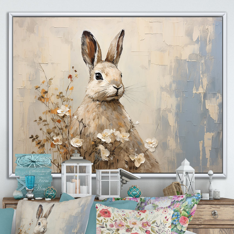 «Bunny S Curious Flower Charm I - Rabbit», art mural, Cadre flottant blanc, H 12 po x l 20 po x P 1 po