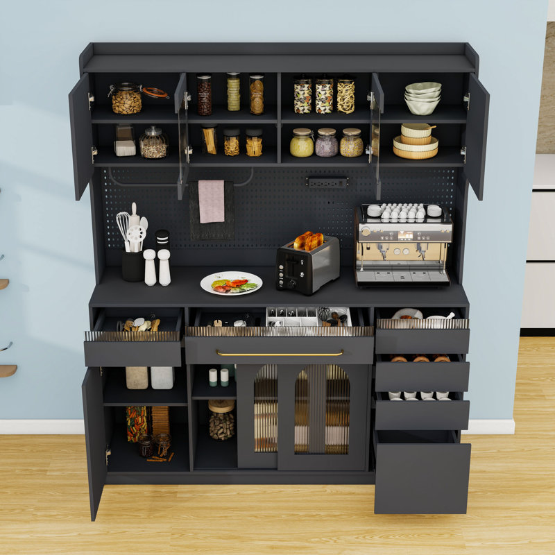 Buffet autoportant avec huche, tablettes réglables, 6 tiroirs, prise de courant, panneau perforé et porte-serviettes, Noir
