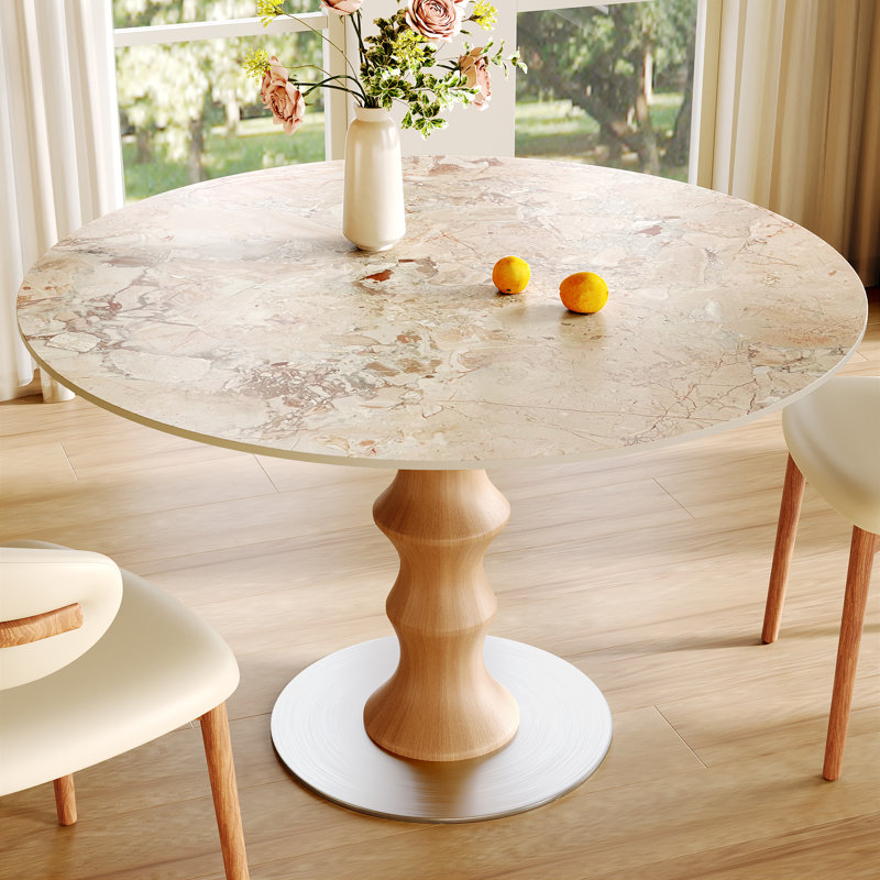 Table de salle à manger en pierre frittée ronde, table de cuisine circulaire pour 2 à 4 personnes, table de salle à manger en bois massif d'inspiration bambou pour la salle à manger, le coin-repas ou le salon