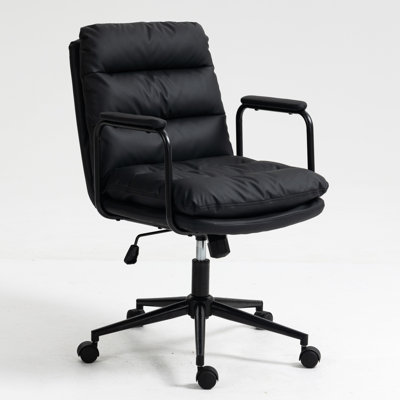Ergonomic Office Chair With Arms, Mid Back Pu Leather Rolling Desk Chair, 40 Reclining , Adjustable Seat Height, 360 Swivel, Padded , Double Sponge Cu