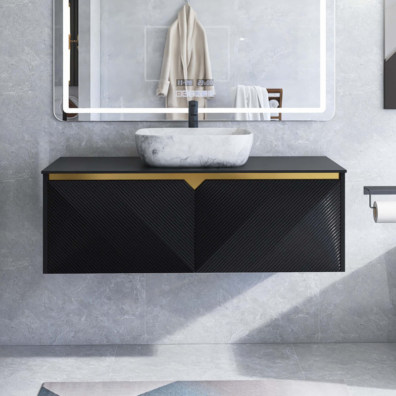Meuble-lavabo mural en contreplaqué avec vasque, portes doubles en sergé avec garniture en métal, Noir, Noir