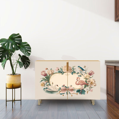 Sideboard Buffet Cabinet with Storage Vintage Floral Frame Birds Ballerina Slippers Soft Pastels with 2 Doors for Living Room and Kitchen