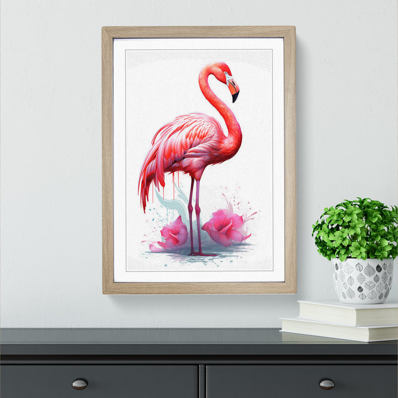Flamingo Line 1 Piece Single Picture Frame Wall Art, 64cm H x 46cm W x 2cm D, Oak