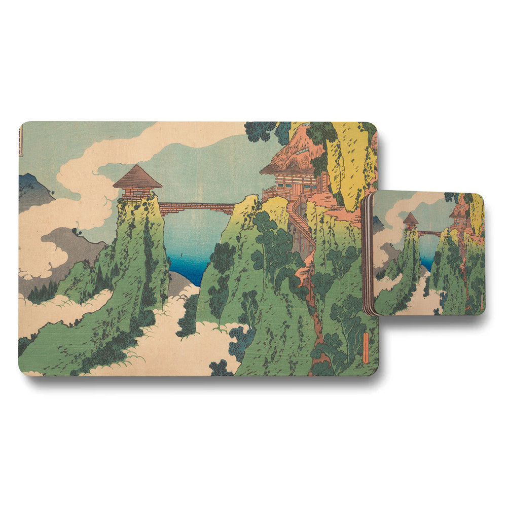 Japanese Ukiyoe Style Mountain Landscape Placemat And Coaster Set