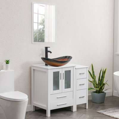 Meuble-lavabo sur pied simple 36 po avec plateau en verre et miroir Breahnna