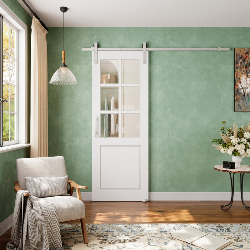 Porte de grange coulissante en verre transparent avec apprêt blanc moderne 6-Lite avec trousse de quincaillerie d'installation nickelée (aucun assemblage requis)