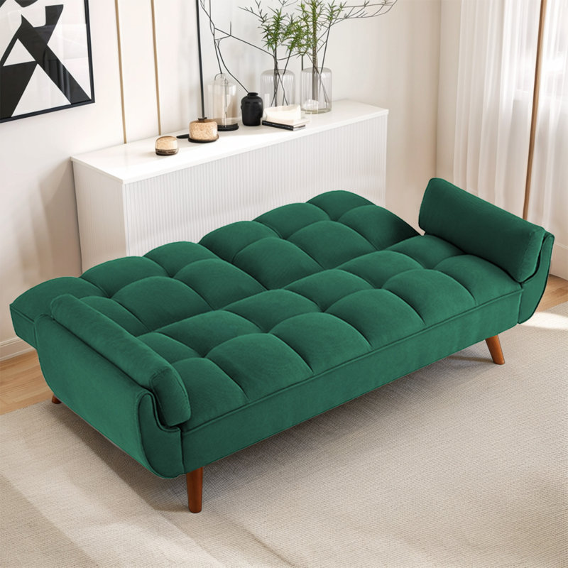 Kamaren Full 75.39" Futons Upholstered Convertible Sofa, Green Polyester Blend