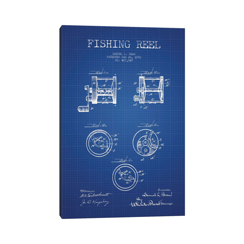 Samuel L. Bean Fishing Reel Patent Sketch (Blue Grid) by Aged Pixel - Wrapped Canvas Print