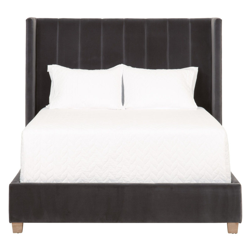 Gray Velvet Upholstered Queen Bed with Oak Frame