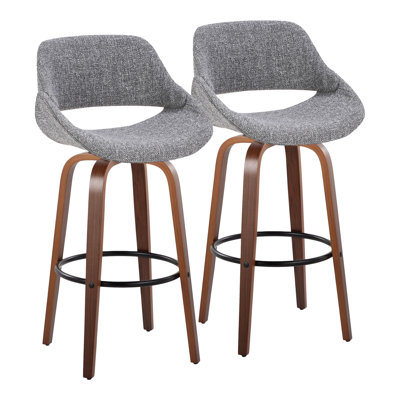 30" Mid-Century Modern Fixed-Height Barstool with Swivel in Walnut Wood and Grey Noise Fabric with Round Black Metal Footrest  - Set of 2