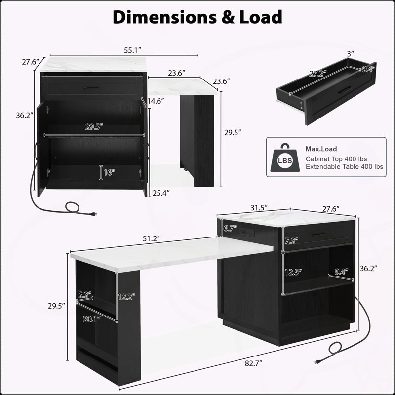 Îlot de cuisine polyvalent avec table extensible et plusieurs options de rangement