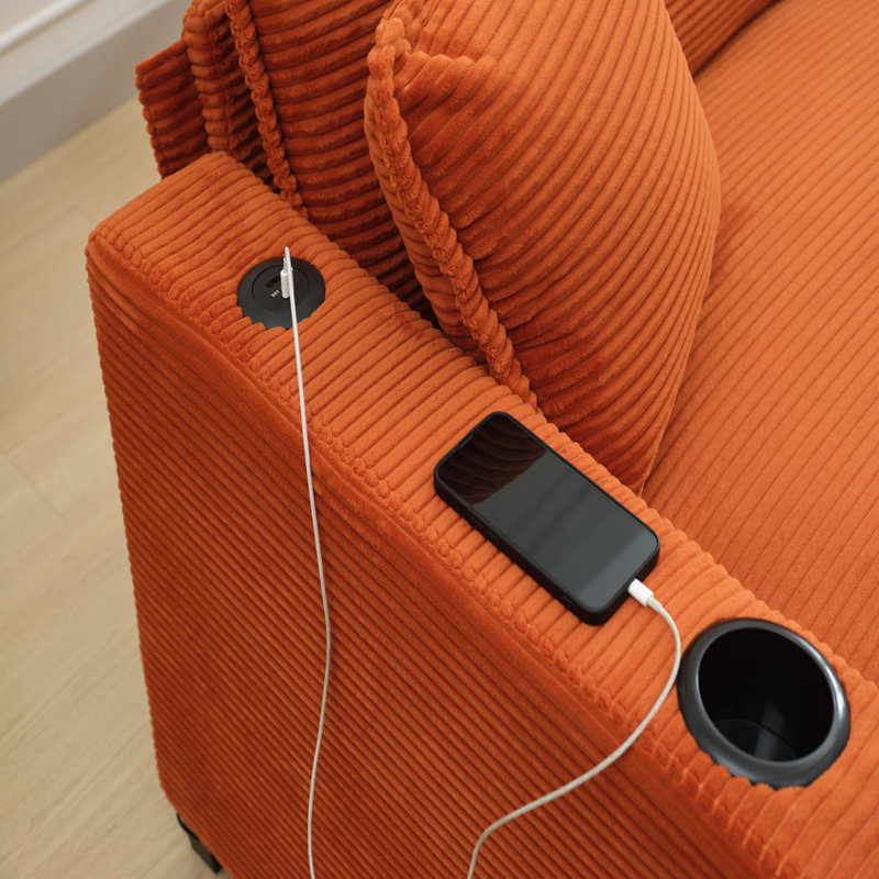 Canapé en forme de L avec port USB et porte-gobelet, canapé à 2 places en velours côtelé avec 1 repose-pieds, Orange