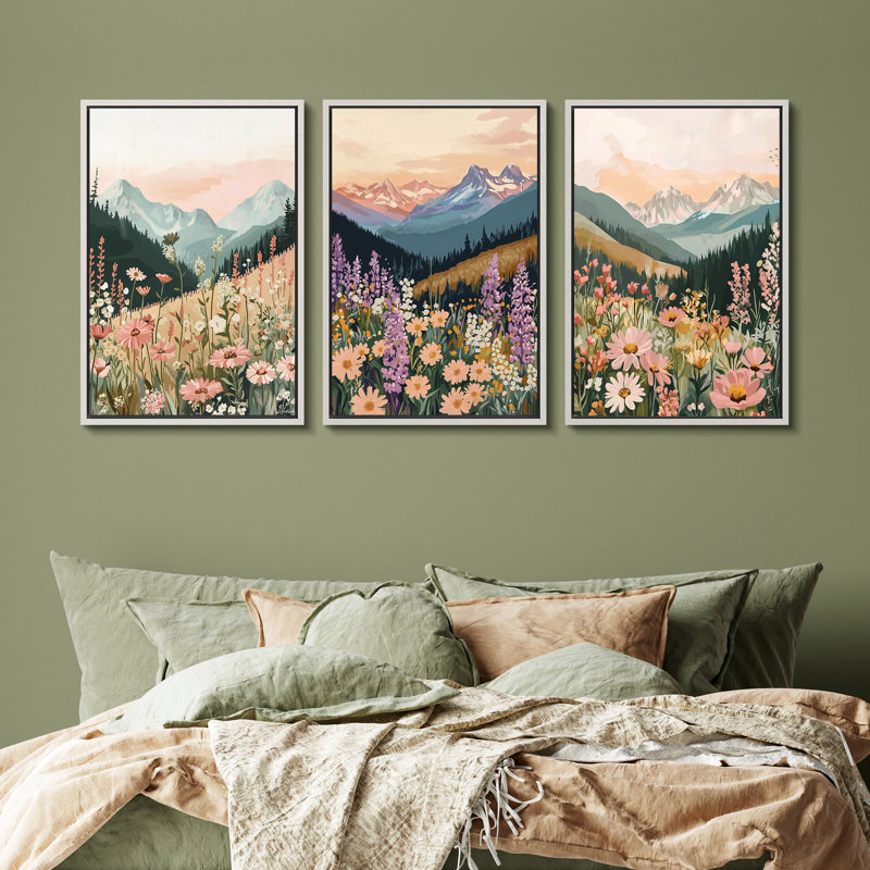 Ensemble de 3 reproductions d'art sur toile Floral Mountain Landscape, H 36 po x l 24 po, Blanc