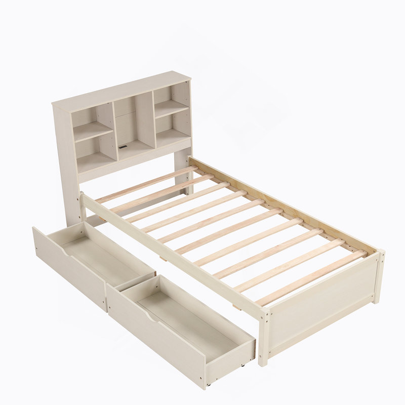 Cadre de lit simple: tête de lit bibliothèque avec port USB intégré et tiroirs, Blanc délavé