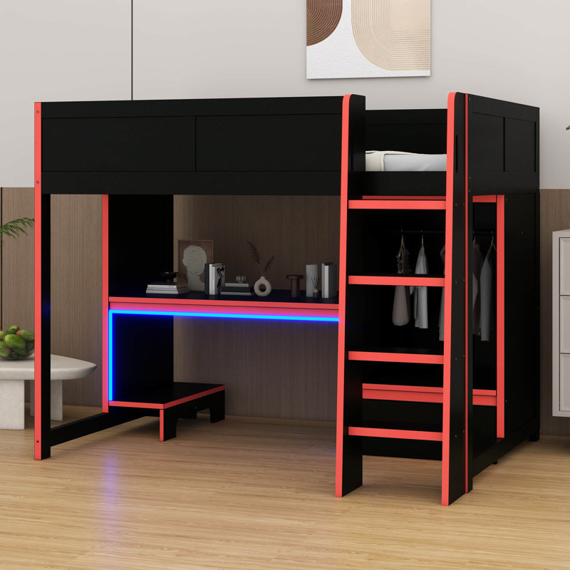 Lit mezzanine en bois Wood - bureau intégré, garde-robe, éclairage à DEL et 1 tiroir inclus, Lit double