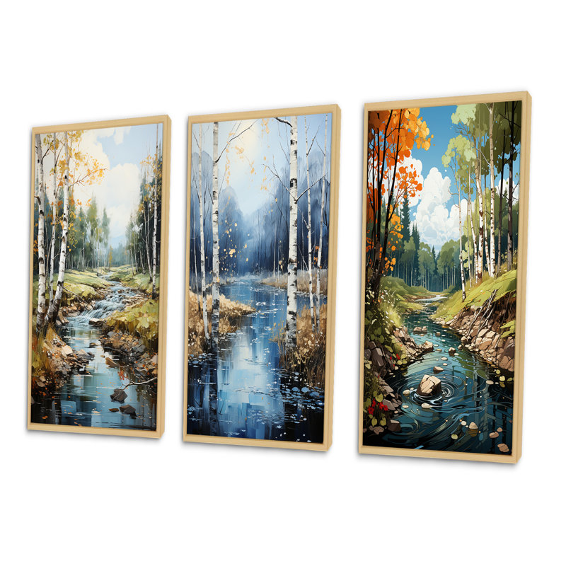 «Birch Woods Serenity Falls», 3 pièces, Encadré naturel, H 40 po x l 60 po
