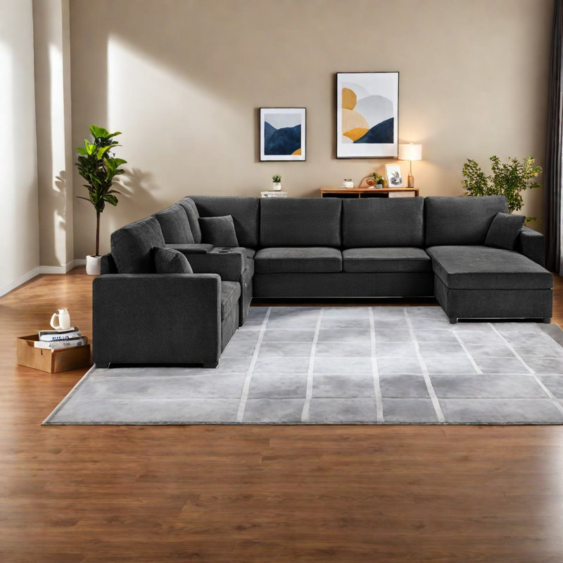 Grands canapés modulaires avec rangement, tissu chenille noir, confort familial moderne pour le salon